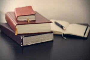 Stack of leather bound books